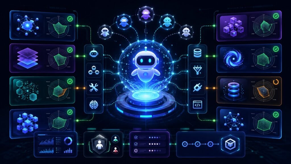 best Agentic AI frameworks comparison dashboard showing AI agents, tools, memory, RAG, multi-agent orchestration, observability, evaluation, and deployment pipelines