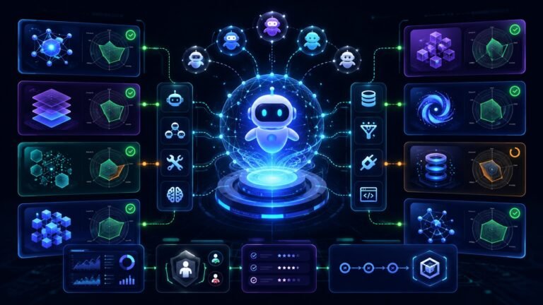 best Agentic AI frameworks comparison dashboard showing AI agents, tools, memory, RAG, multi-agent orchestration, observability, evaluation, and deployment pipelines