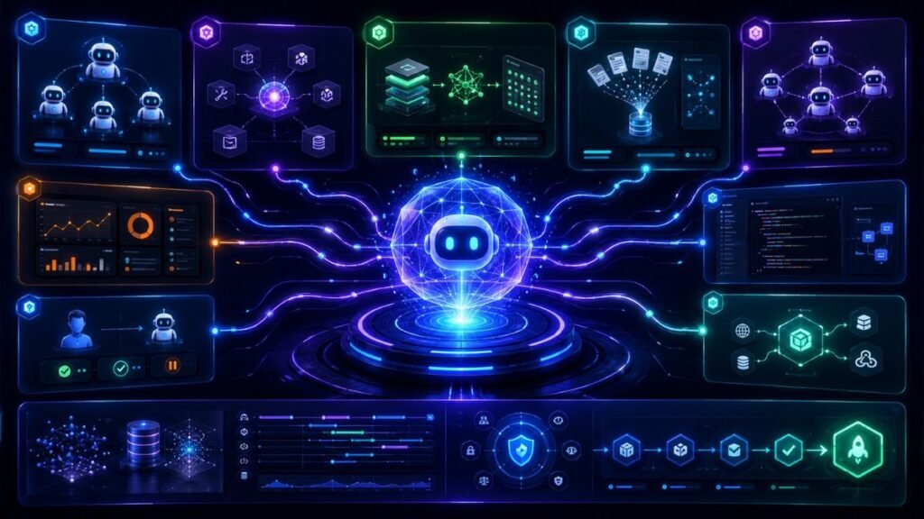 Best Agentic AI Frameworks: Agentic AI frameworks comparison dashboard showing AI agents, tools, memory, RAG, multi-agent orchestration, observability, evaluation, and deployment workflows