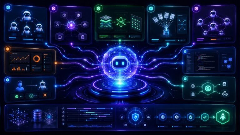 Best Agentic AI Frameworks: Agentic AI frameworks comparison dashboard showing AI agents, tools, memory, RAG, multi-agent orchestration, observability, evaluation, and deployment workflows