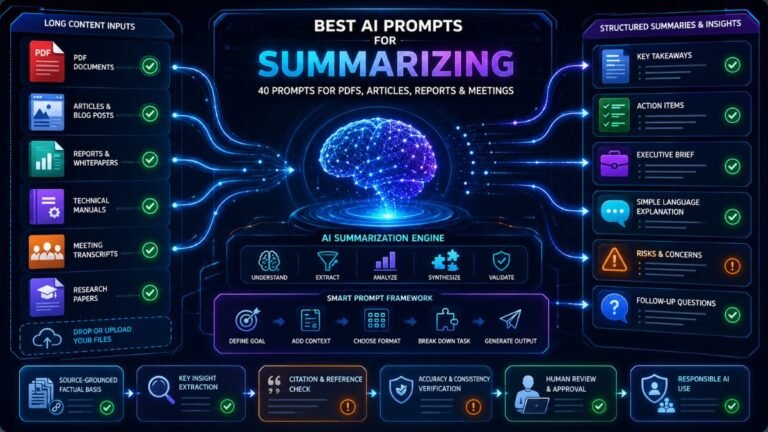 Best AI Prompts for Summarizing: AI summarization workflow dashboard showing prompts for PDFs, articles, reports, meetings, and technical documents.