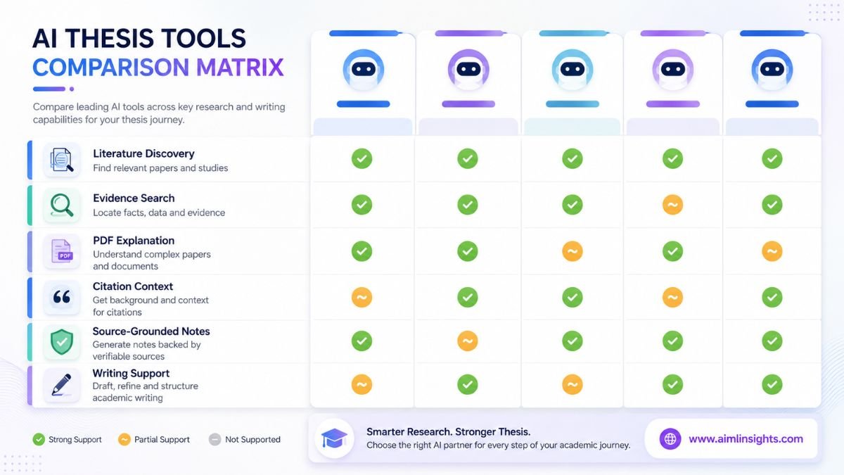 AI thesis tool comparison matrix showing research discovery, evidence search, PDF analysis, citation context, notes, and writing support