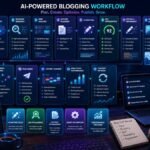 Best AI Tool for Blogging: AI blogging workflow dashboard showing topic research, blog writing, SEO optimization, editing, image creation, publishing, and analytics