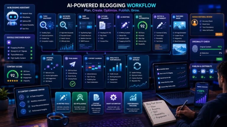 Best AI Tool for Blogging: AI blogging workflow dashboard showing topic research, blog writing, SEO optimization, editing, image creation, publishing, and analytics