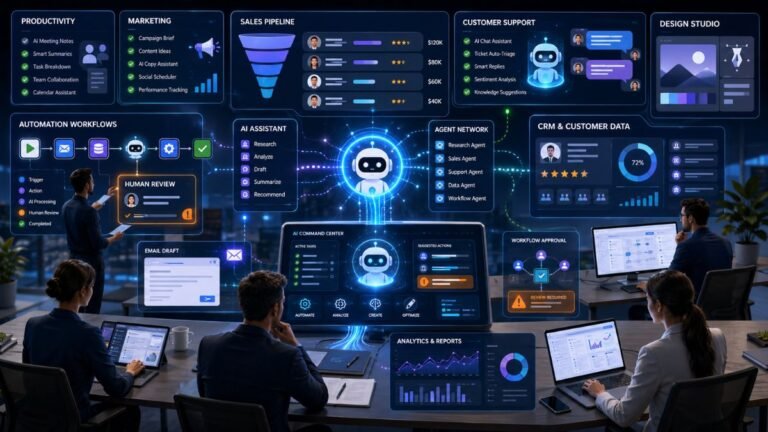 best AI tool for business: AI business tools dashboard showing productivity, marketing, sales, CRM, automation, design, analytics, and customer support workflows