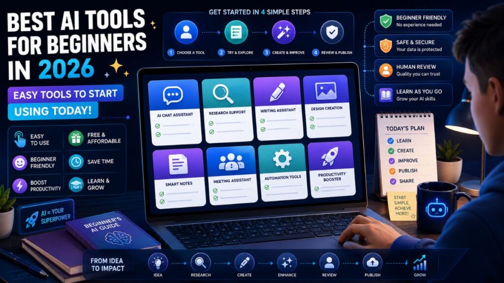 Best AI Tools for Beginners friendly AI tools dashboard showing chat, research, writing, design, notes, productivity, automation, and human review workflows