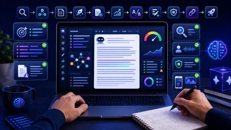 Best AI Tools for Blog Writing:AI blog writing dashboard showing keyword research, outline creation, draft writing, SEO optimization, editing, originality review, and publishing workflow