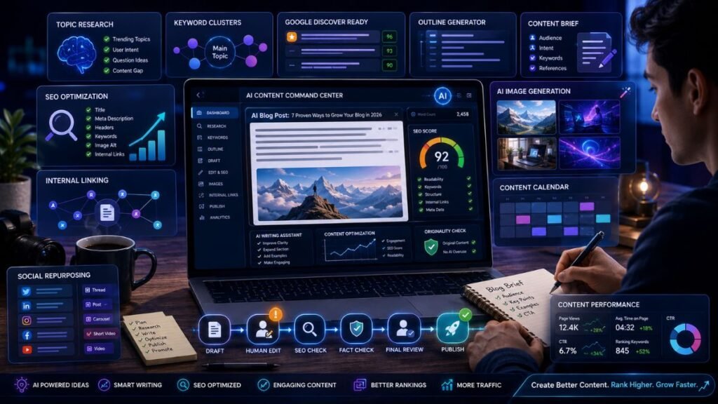 Best AI Tools for Bloggers: AI blogging dashboard showing blog writing, SEO optimization, image creation, editing, content planning, and publishing workflow