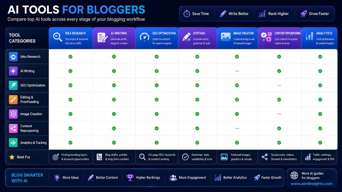 Comparison matrix of AI tools for bloggers covering topic research, writing, SEO, editing, image creation, repurposing, and analytics