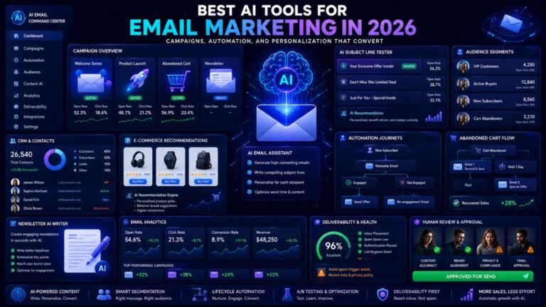 Best AI Tools for Email Marketing:AI email marketing dashboard showing campaign writing, subject line testing, segmentation, automation flows, CRM data, analytics, and deliverability review
