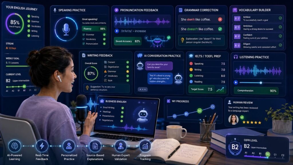 Best AI Tools for Learning English in 2026: AI English learning dashboard showing speaking practice, pronunciation feedback, grammar correction, vocabulary review, writing feedback, and test prep