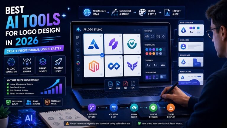 Best AI Tools for logo design dashboard showing logo concepts, color palettes, typography, vector files, brand kit mockups, and human review workflow