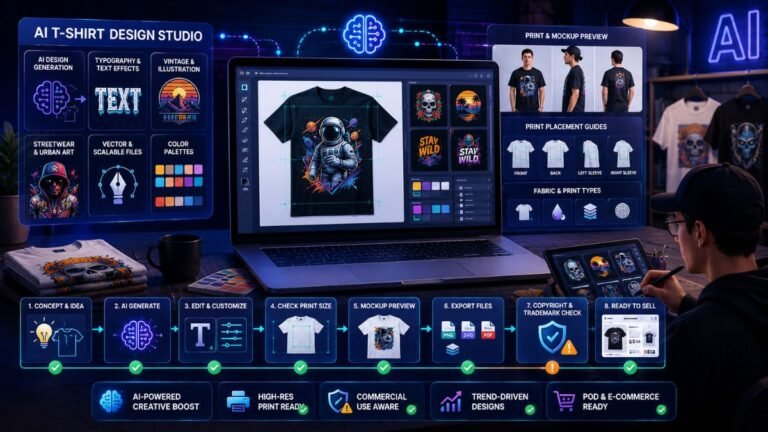 best AI tools for T-shirt design:AI T-shirt design dashboard showing graphic generation, typography editing, mockups, print placement, file export, and copyright review workflow