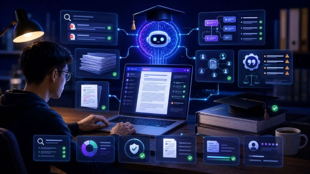 best AI tools for thesis: AI thesis research dashboard showing literature review, paper summaries, citation management, academic writing, and source verification workflow