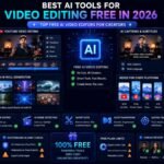 Best AI Tools for Video Editing Free:Free AI video editing dashboard showing captions, short clips, timeline editing, background noise cleanup, export limits, and social video formats