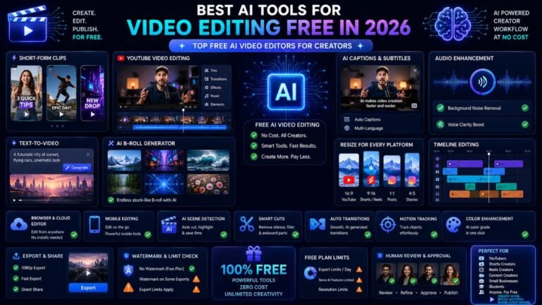 Best AI Tools for Video Editing Free:Free AI video editing dashboard showing captions, short clips, timeline editing, background noise cleanup, export limits, and social video formats