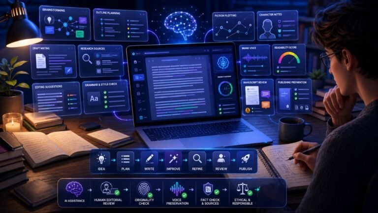 Best AI Tools for Writers:AI writing dashboard showing brainstorming, outlines, draft writing, editing, research, storytelling, manuscript review, and human revision workflow