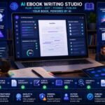 Best AI Tools for Writing eBooks:AI eBook writing dashboard showing chapter planning, manuscript drafting, editing, cover design, EPUB formatting, publishing checklist, and author review