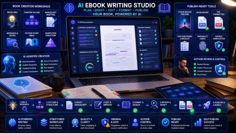 Best AI Tools for Writing eBooks:AI eBook writing dashboard showing chapter planning, manuscript drafting, editing, cover design, EPUB formatting, publishing checklist, and author review