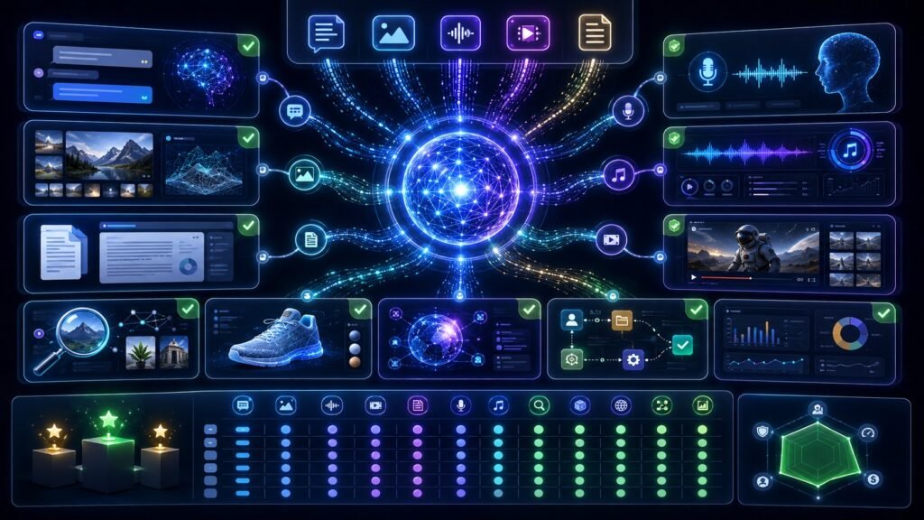 Best multimodal AI tools comparison dashboard showing text, image, audio, video, document analysis, visual search, creative generation, and AI assistants