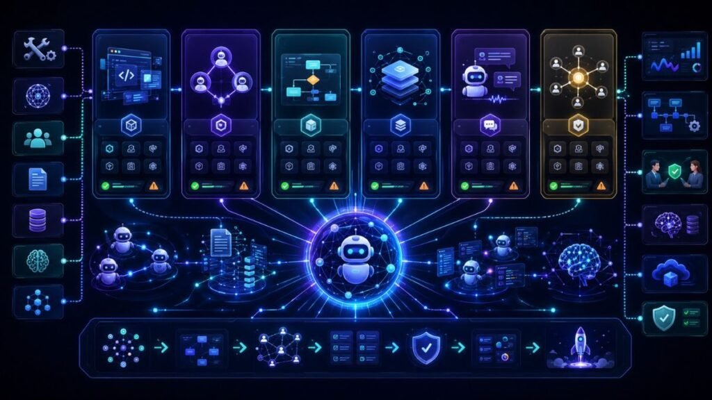 Best Platforms for Building Agentic AI Applications:Agentic AI platform comparison dashboard showing AI agent builders, tools, APIs, memory, RAG, workflows, observability, human approval, and deployment pipelines