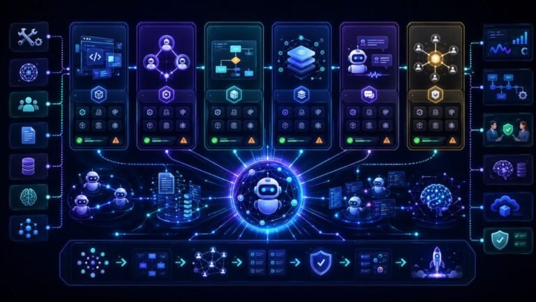 Best Platforms for Building Agentic AI Applications:Agentic AI platform comparison dashboard showing AI agent builders, tools, APIs, memory, RAG, workflows, observability, human approval, and deployment pipelines