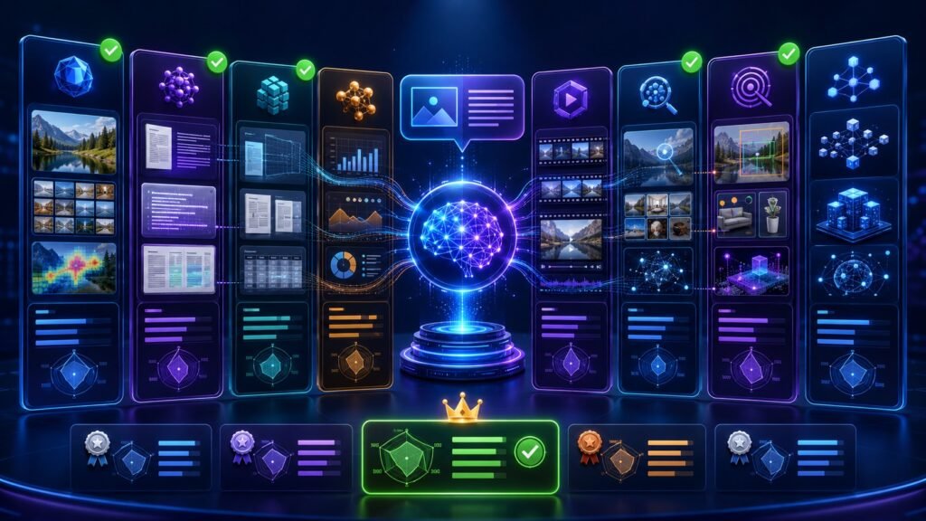 Best vision language models comparison dashboard showing image understanding, OCR, document AI, video analysis, visual reasoning, and model scorecards