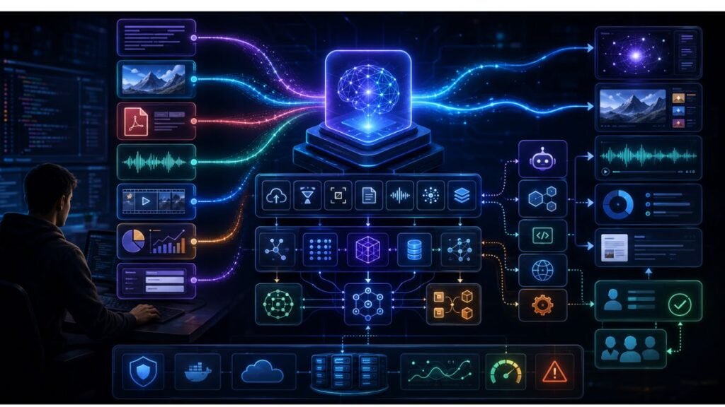 Building multimodal apps architecture showing text, images, audio, video, documents, APIs, RAG, agents, evaluation, and deployment workflows