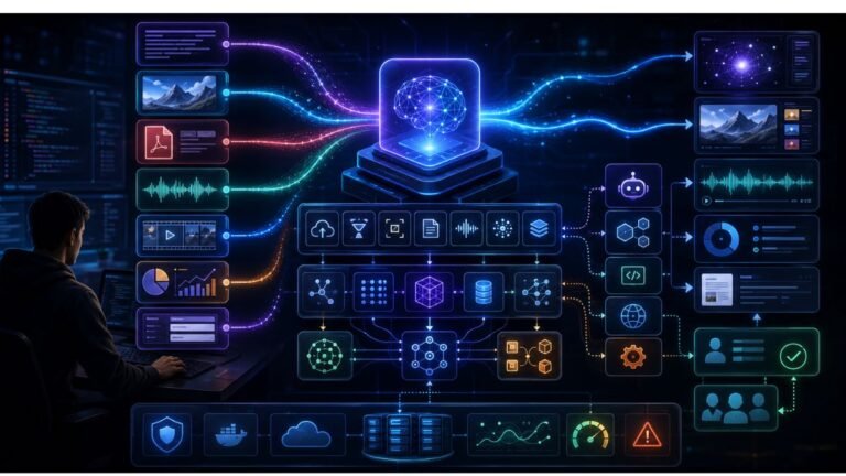 Building multimodal apps architecture showing text, images, audio, video, documents, APIs, RAG, agents, evaluation, and deployment workflows