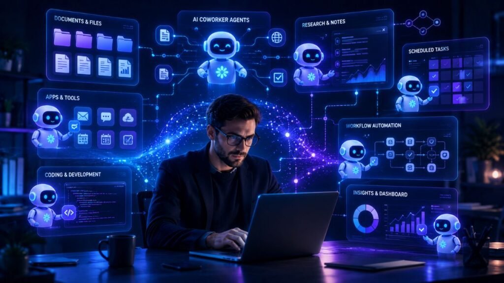 Claude Cowork : Claude Cowork AI agent helping users complete documents research coding and productivity tasks