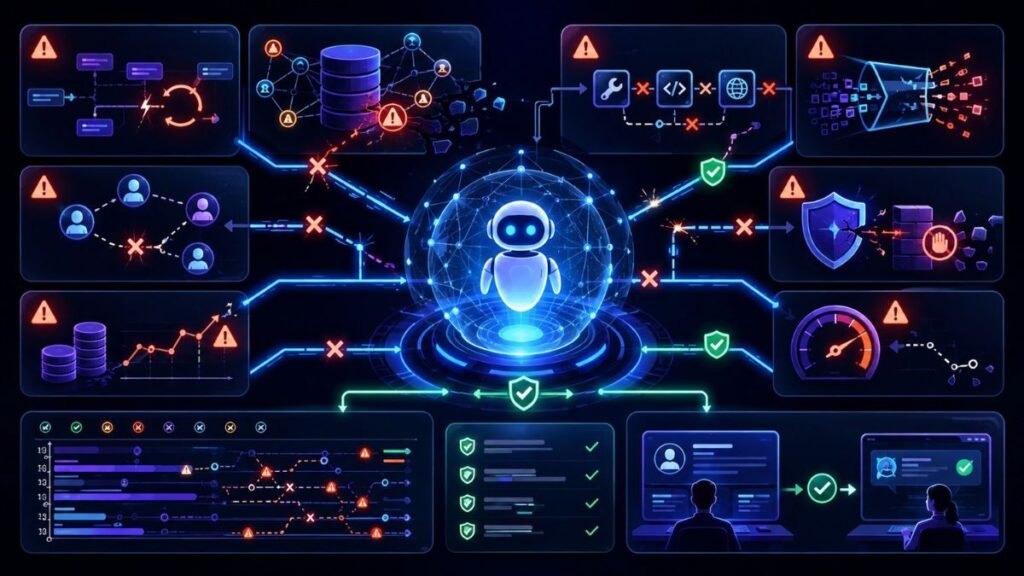 Common Failure Modes in Agentic AI Systems: Agentic AI failure modes dashboard showing planning errors, tool misuse, stale memory, bad retrieval, prompt injection, latency, and human review