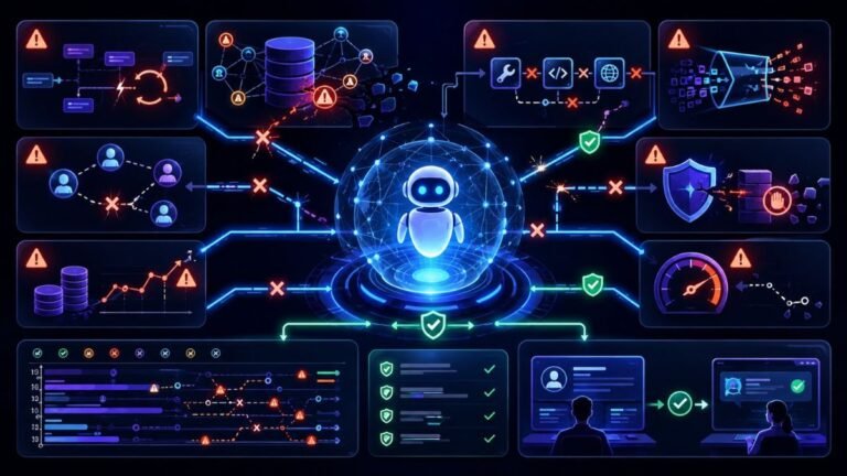 Common Failure Modes in Agentic AI Systems: Agentic AI failure modes dashboard showing planning errors, tool misuse, stale memory, bad retrieval, prompt injection, latency, and human review