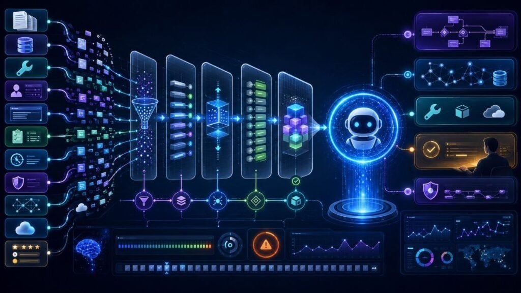Context engineering in agentic AI workflow showing documents, memory, tool results, policies, constraints, and examples selected for an AI agent