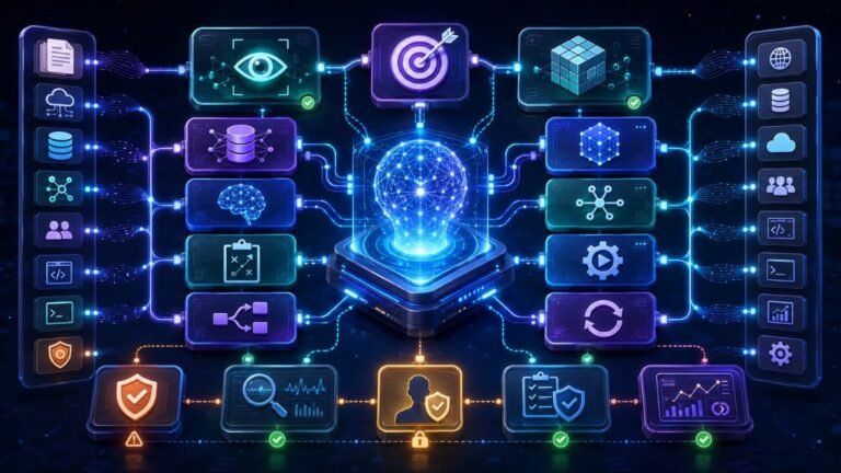 core building blocks of an agentic AI system: Agentic AI system architecture showing goals, context, memory, planning, tools, action, feedback, observability, safety, and human approval