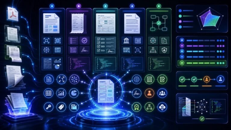Document AI tools comparison dashboard showing OCR, PDFs, invoices, forms, tables, extraction panels, validation checks, and enterprise workflow automation