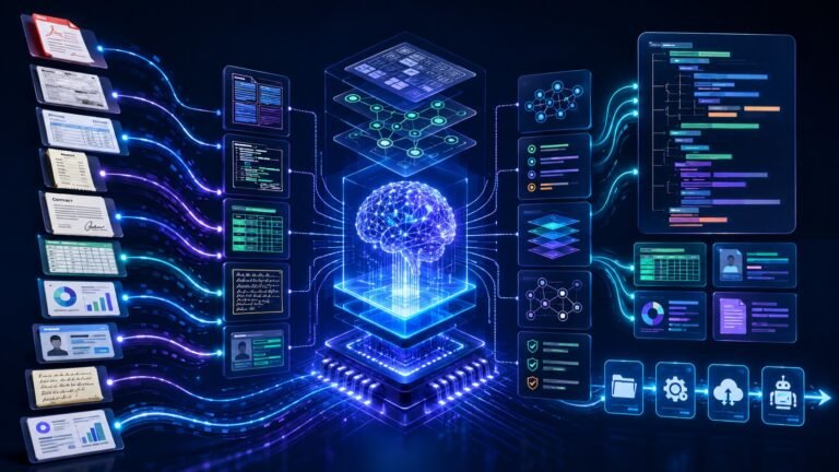 Document understanding AI workflow showing PDFs, scanned forms, OCR extraction, layout analysis, tables, fields, and structured data output