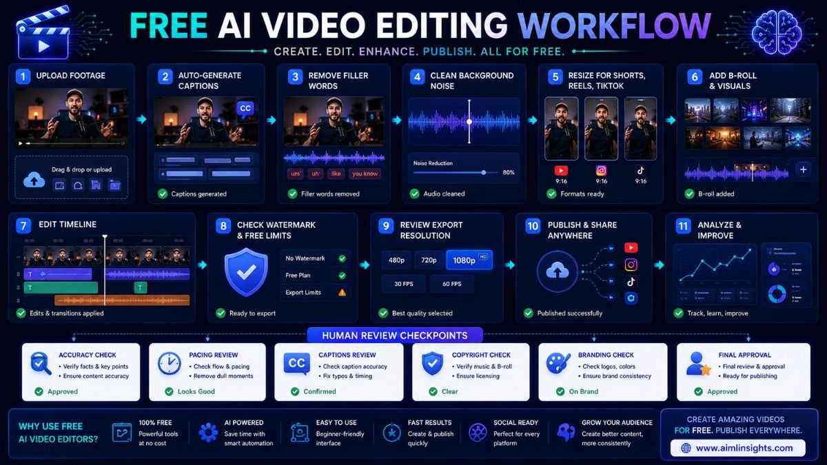 Free AI video editing workflow showing upload, captions, noise cleanup, resizing, B-roll, watermark check, export settings, and publishing