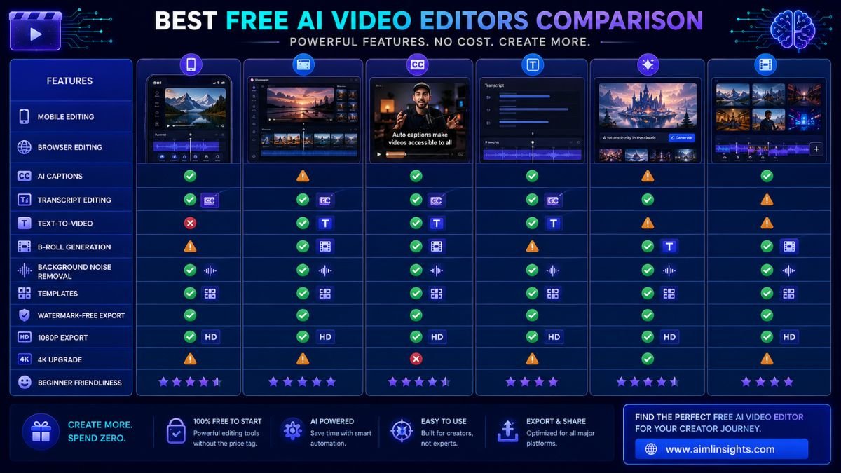 Comparison matrix of free AI video editors for captions, transcript editing, text-to-video, B-roll, templates, exports, and watermark limits