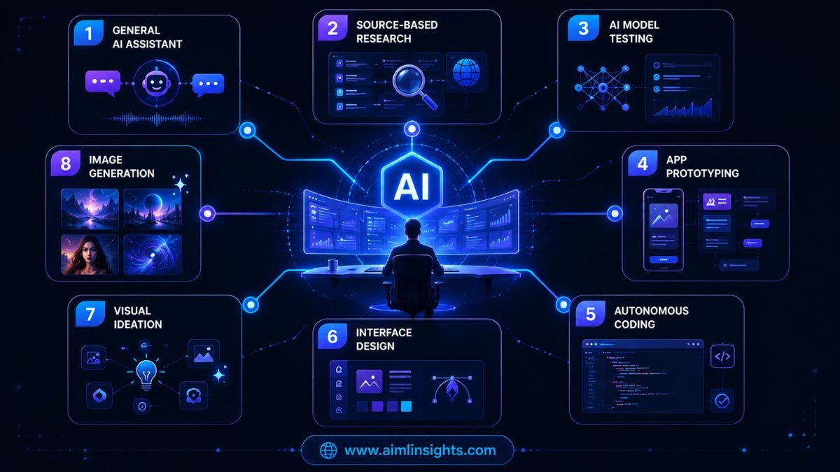 Free Google AI tools ecosystem for research coding apps design and images