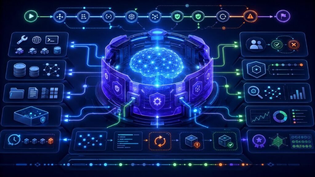 harnesses in long-running AI agents showing tools, memory, state checkpoints, context, observability, verification, guardrails, and human approval