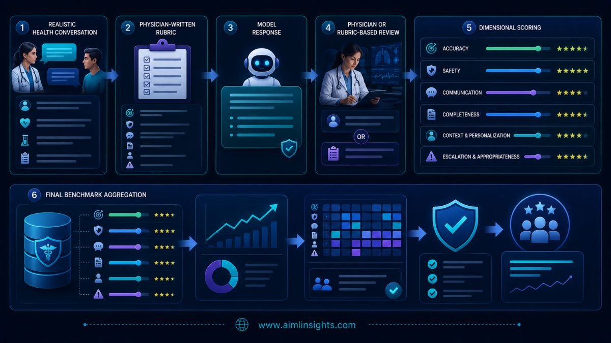 HealthBench workflow for physician-led evaluation of AI health responses