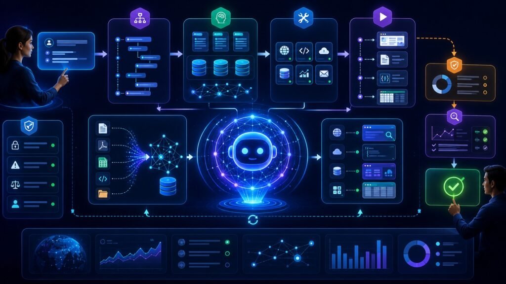How agentic AI works: Agentic AI workflow showing planning, memory, tool use, action loops, feedback, safety checks, and human approval