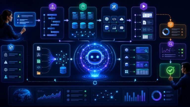 How agentic AI works: Agentic AI workflow showing planning, memory, tool use, action loops, feedback, safety checks, and human approval