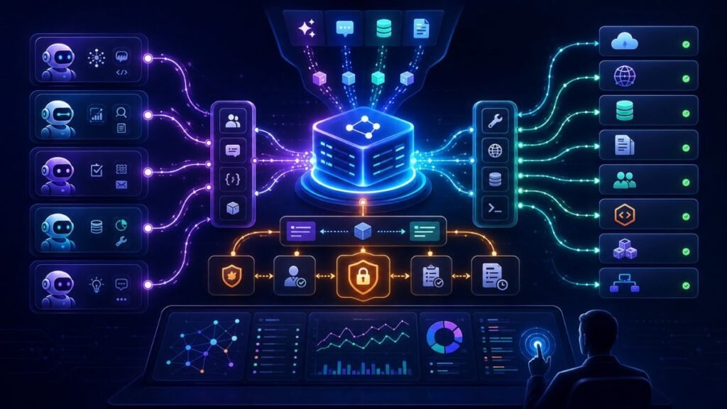 How MCP Servers Improve Agentic AI Workflows:MCP server connecting AI agents to tools, APIs, databases, documents, prompts, resources, observability, security controls, and enterprise workflows