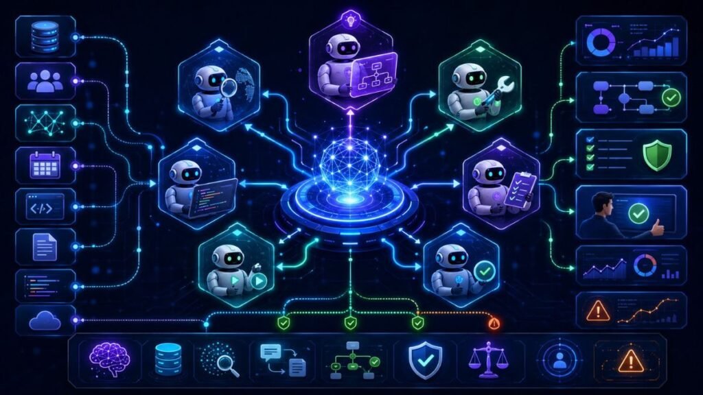 how orchestration works in agentic AI systems: Agentic AI orchestration diagram showing a central orchestrator routing tasks between AI agents, tools, memory, retrieval, handoffs, and human approval
