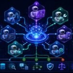 how orchestration works in agentic AI systems: Agentic AI orchestration diagram showing a central orchestrator routing tasks between AI agents, tools, memory, retrieval, handoffs, and human approval