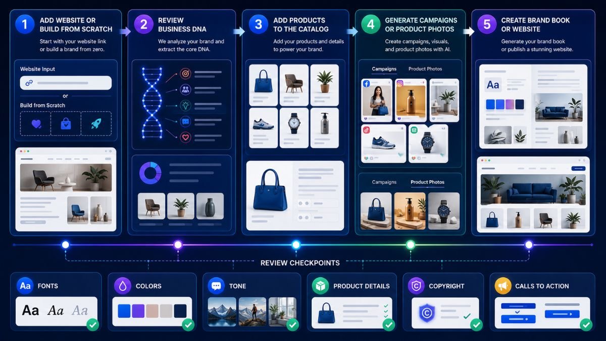 Pomelli workflow from website analysis and Business DNA to product catalog, campaigns, photoshoots, brand books, and websites