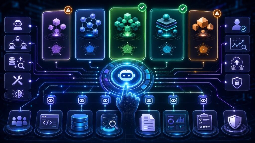 How to Choose the Right Agentic AI Framework: Agentic AI framework selection dashboard showing agents, tools, memory, RAG, orchestration, observability, security, and deployment criteria