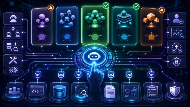 How to Choose the Right Agentic AI Framework: Agentic AI framework selection dashboard showing agents, tools, memory, RAG, orchestration, observability, security, and deployment criteria