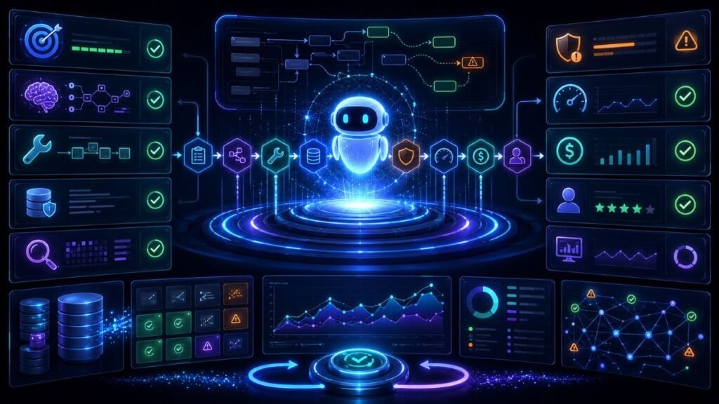 How to Evaluate Agentic AI Systems: Agentic AI evaluation dashboard showing task success, planning, tool use, memory, safety checks, human review, traces, and monitoring metrics
